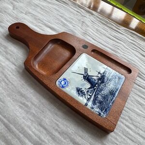 Vintage Delft Blue Windmill Wooden Serving Tray Dish Hand painted Holland